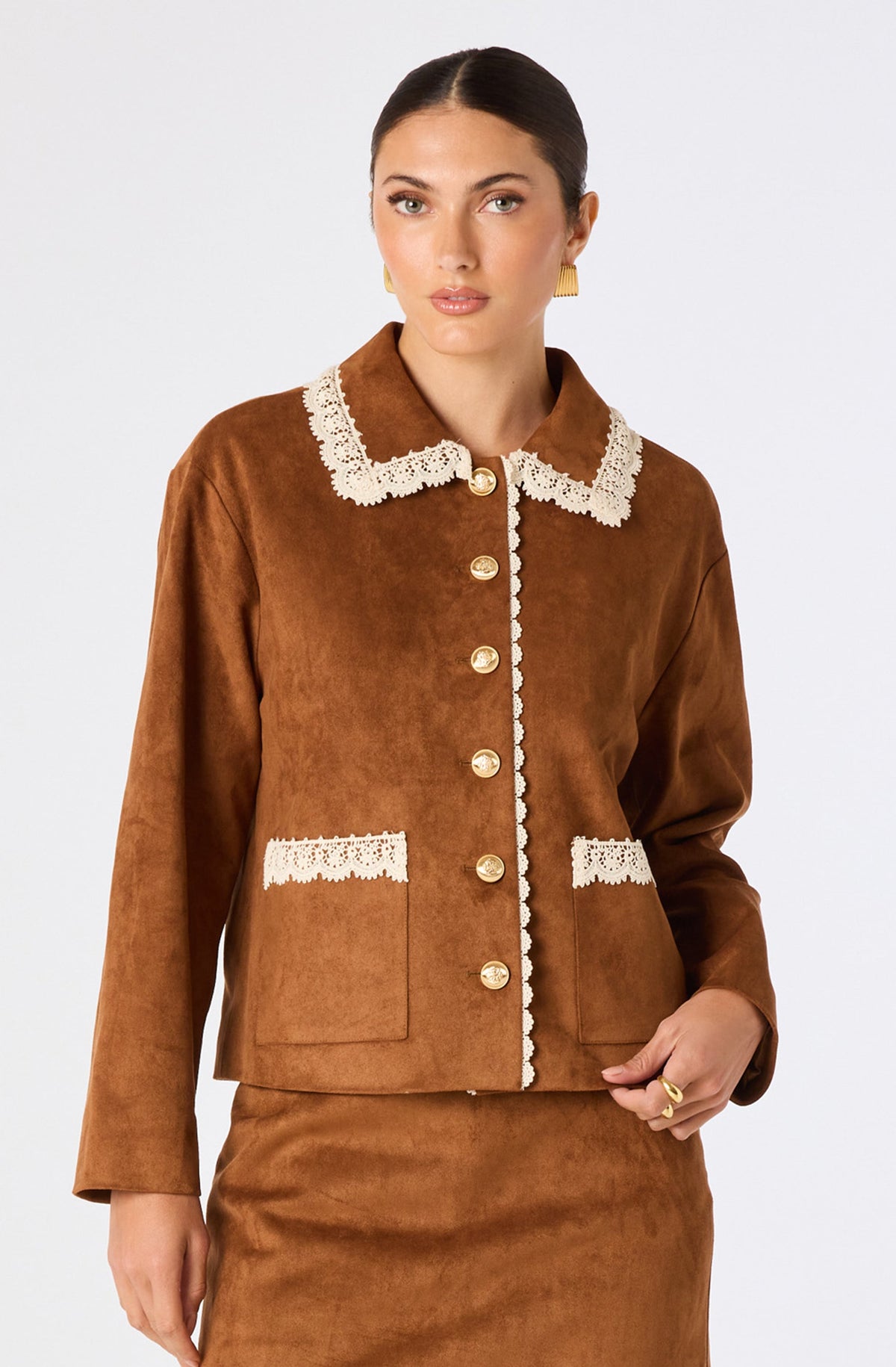Gavriella Lace-Trim Faux Suede Jacket