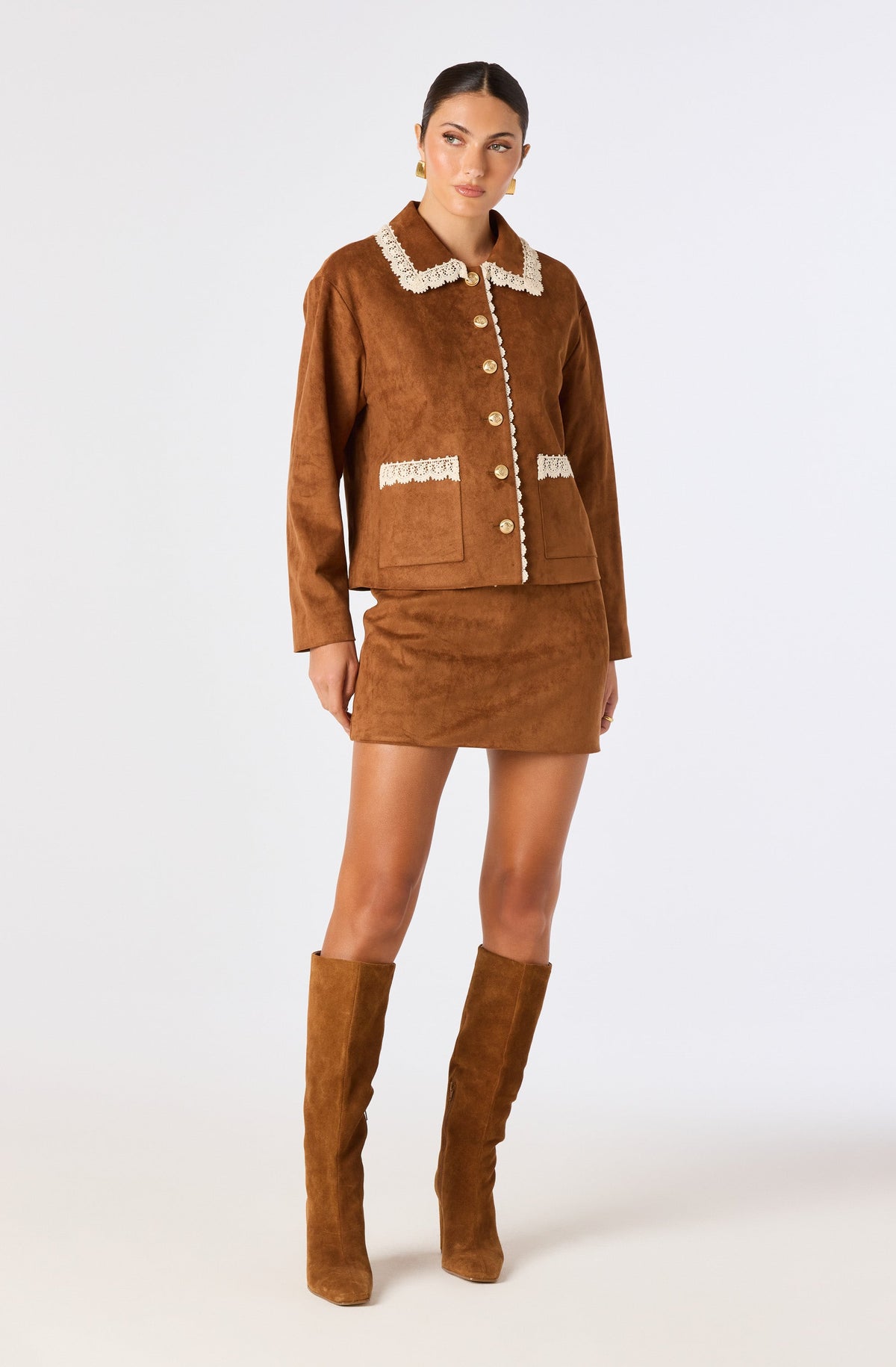 Gavriella Lace-Trim Faux Suede Jacket