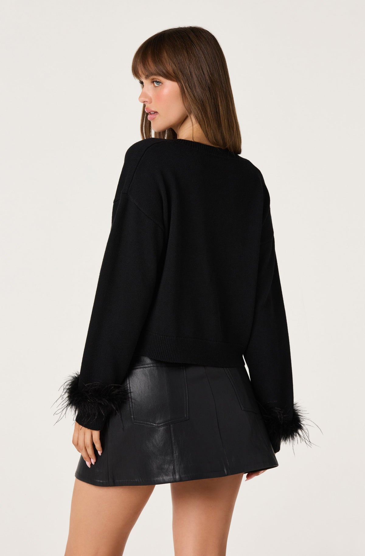Perdita Feather-Cuff Cropped Sweater