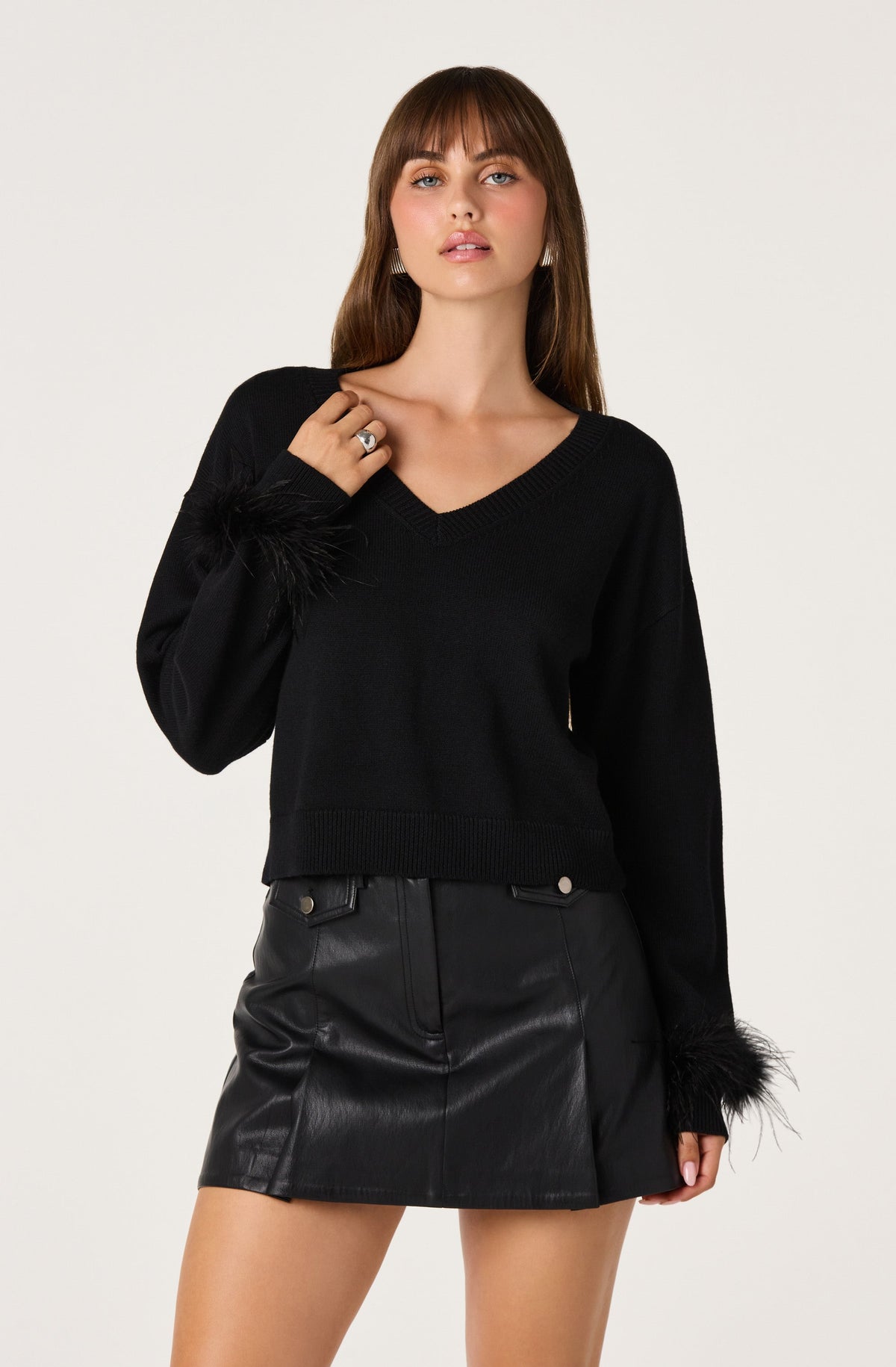 Perdita Feather-Cuff Cropped Sweater