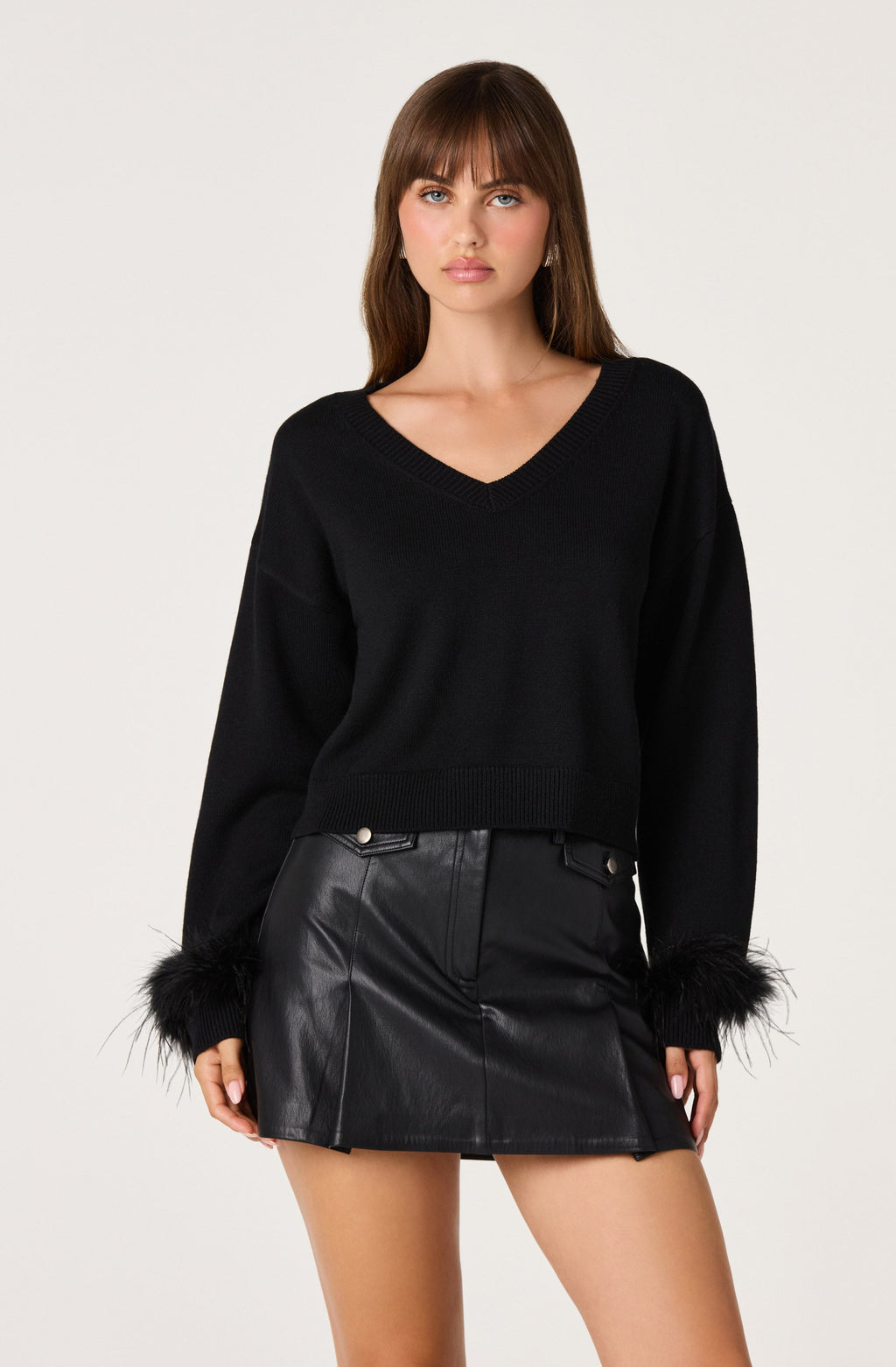 Perdita Feather-Cuff Cropped Sweater