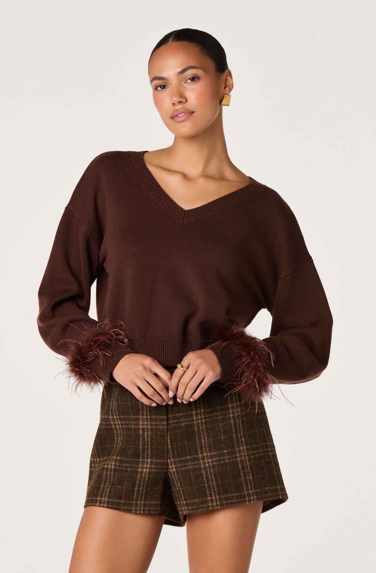 Perdita Feather-Cuff Cropped Sweater