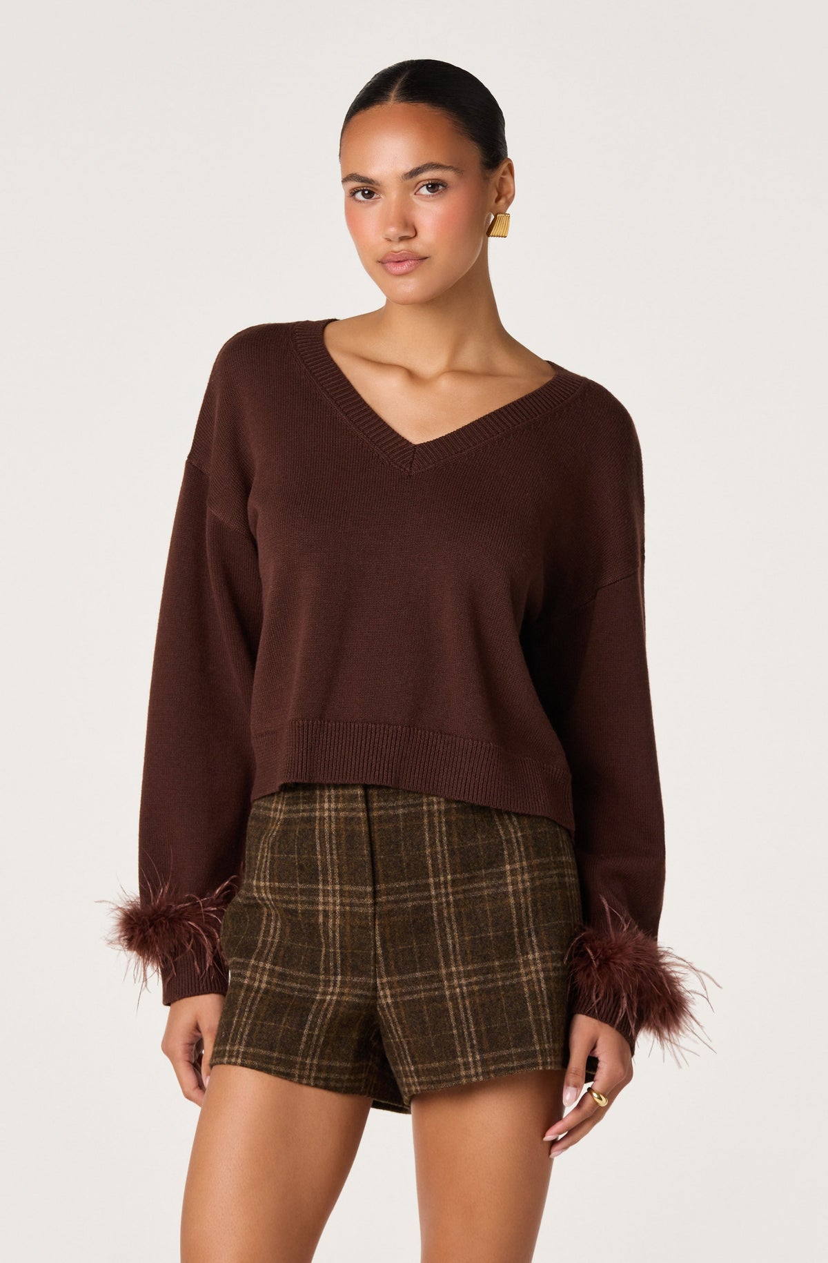 Perdita Feather-Cuff Cropped Sweater