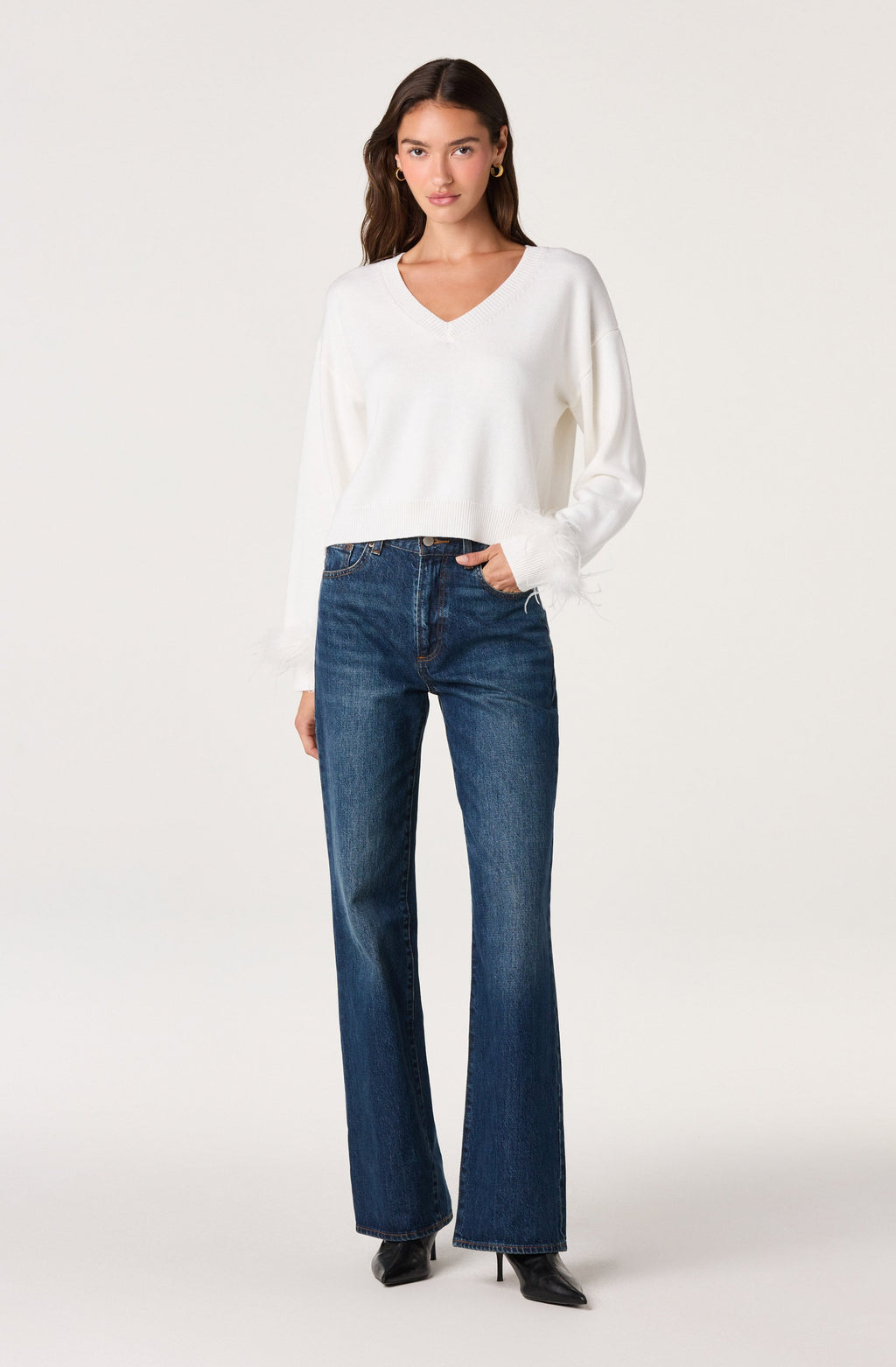 Perdita Feather-Cuff Cropped Sweater