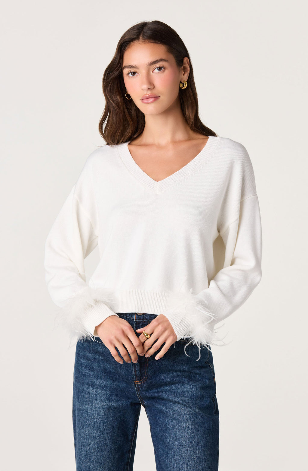 Perdita Feather-Cuff Cropped Sweater