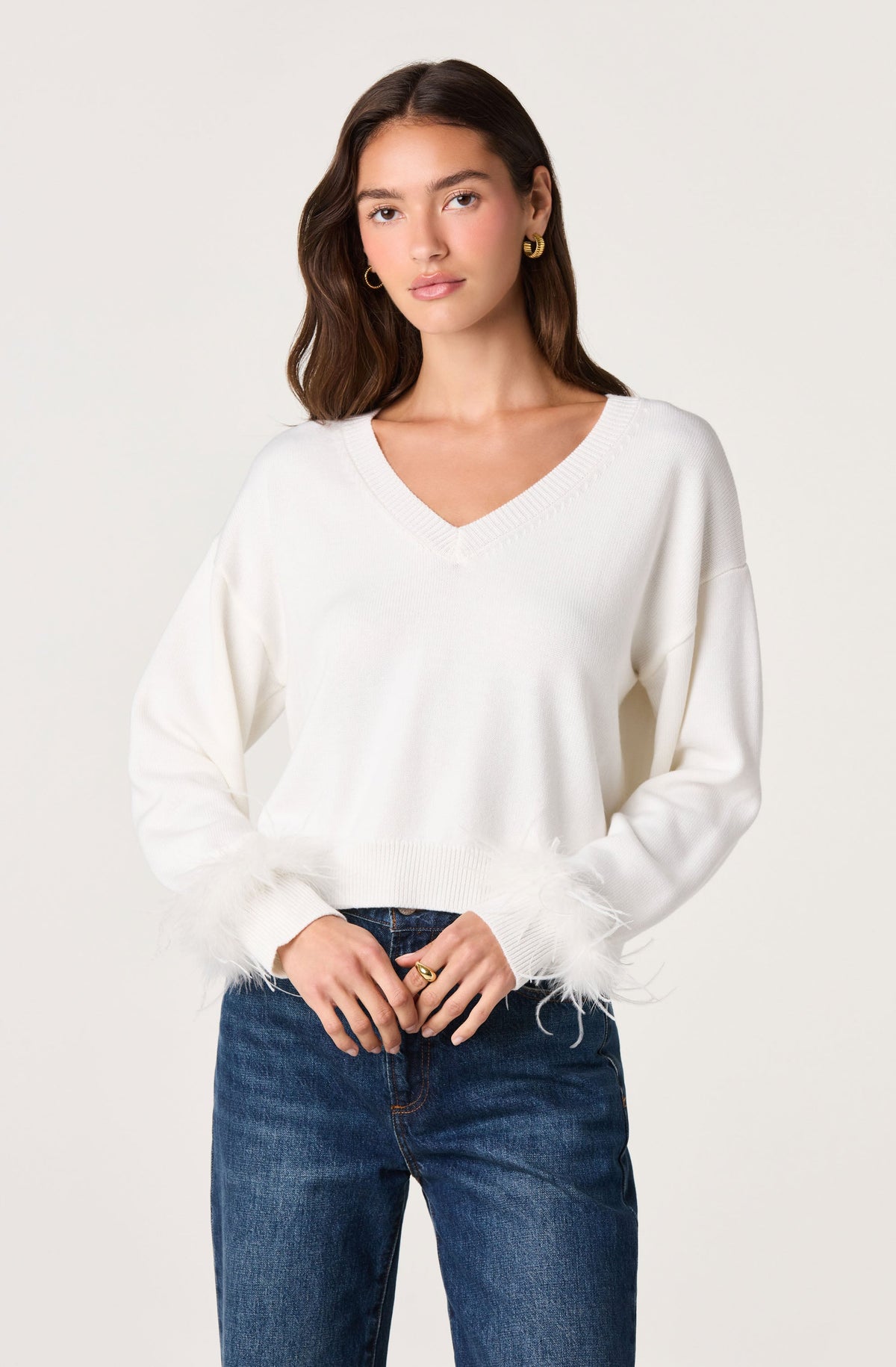 Perdita Feather-Cuff Cropped Sweater