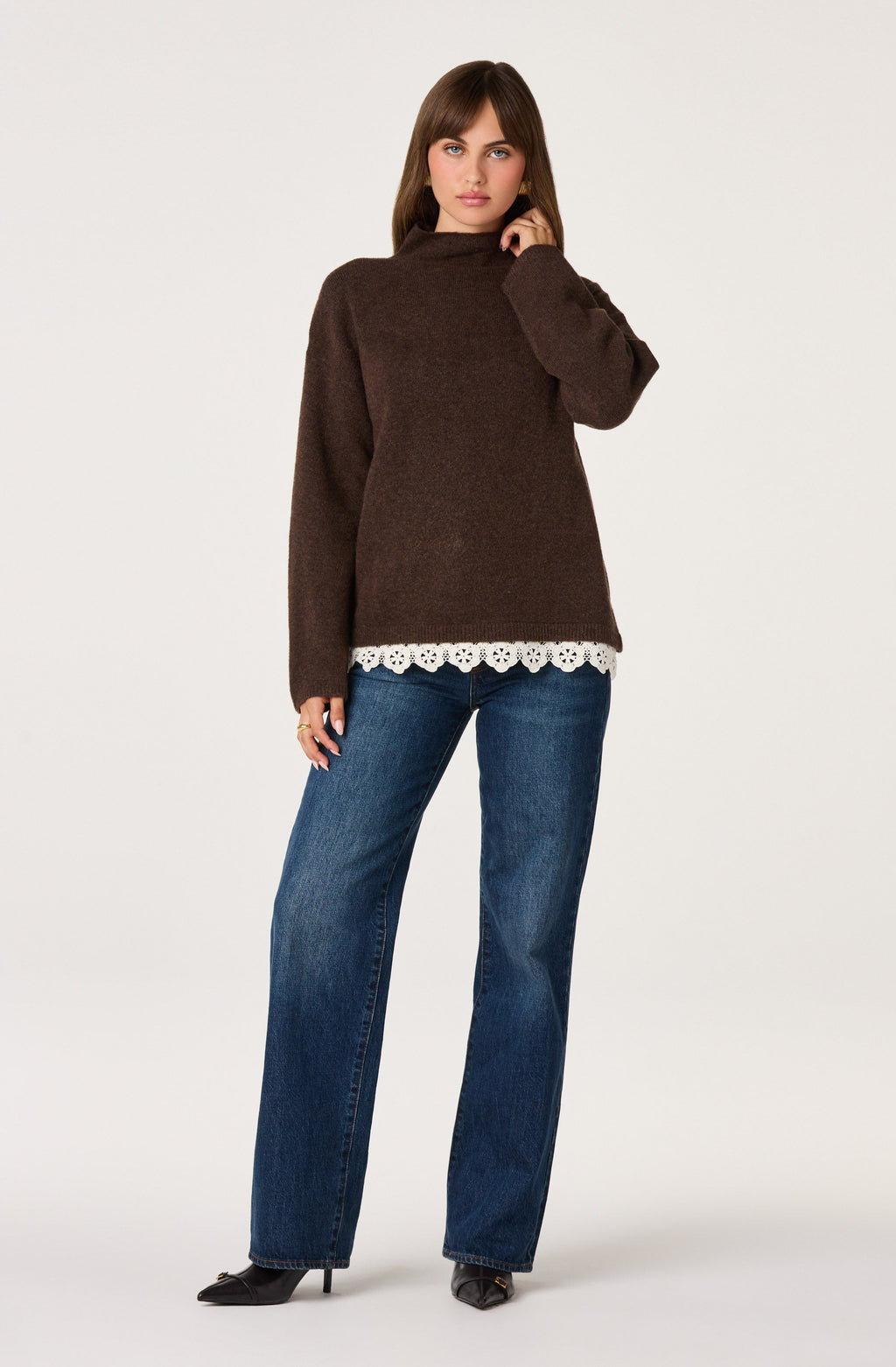 Marjolaine Crochet-Trim Mock Neck Sweater