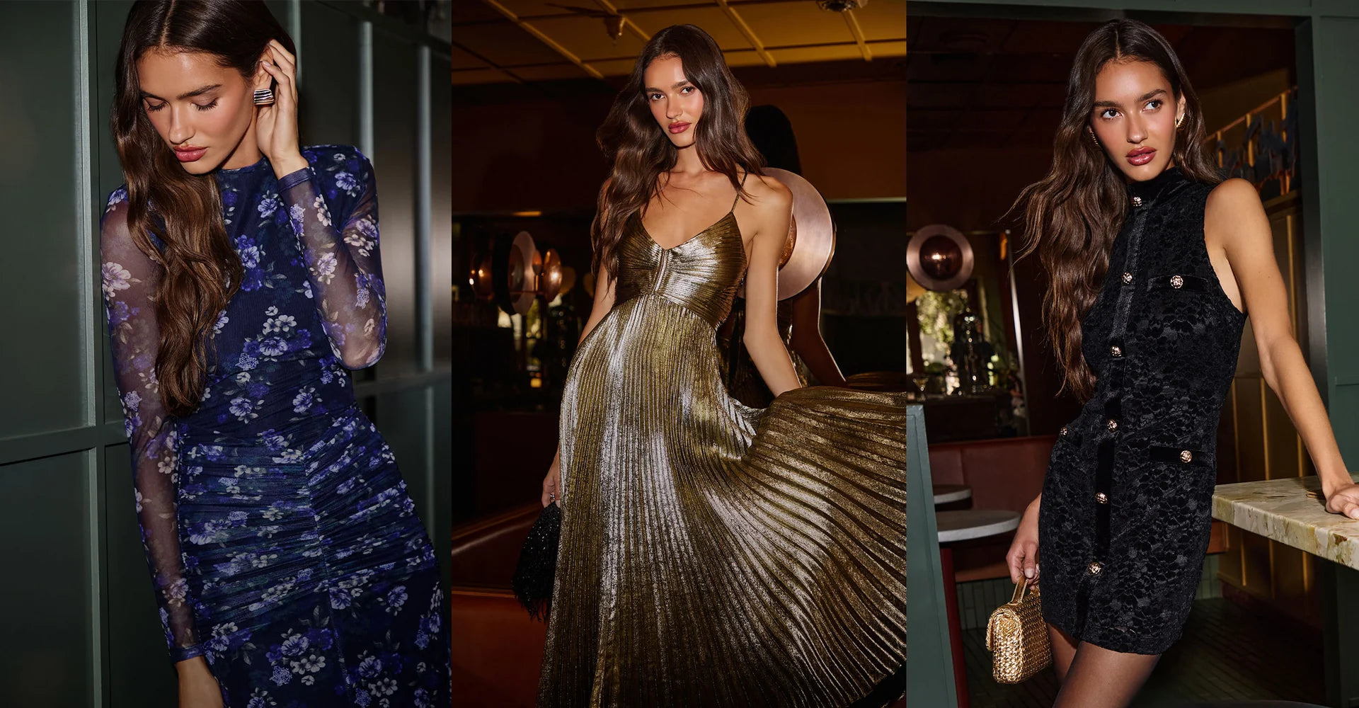 Three fashion looks in an evening setting